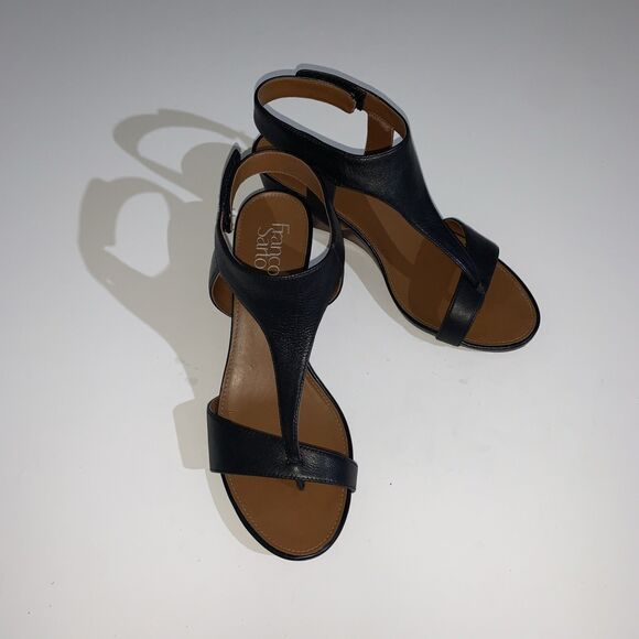 Franco Sarto Thong Sandals Women's 8.5 Dori Black Leather Wedge - Picture 1 of 9